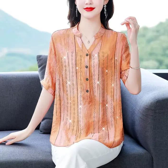 Haut en mousseline de soie imprimé pour femme, T-shirt mince, col en V, orange, grand anciers imprim