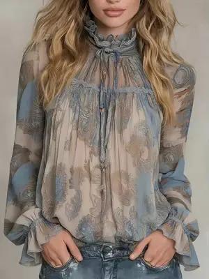Nouvelle Collection Printemps 2026 : Blouse en Chiffon Imprimé Paisley Rétro avec Col Montant à Vola