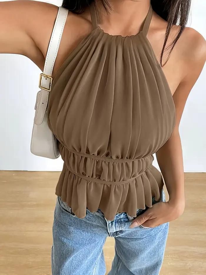 Débardeur Halter en Chiffon Marron pour Femme - Camisole Courte à Volants Froncés et Dos Nu à Nouer