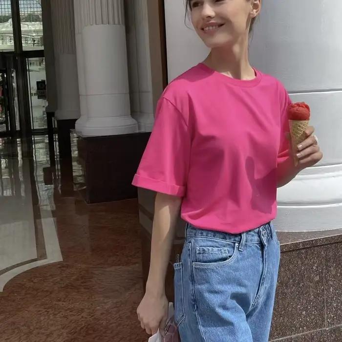 Hirsionsan – t-shirt col rond pour femme, ample et décontracté, en coton, 18 couleurs unies, été, 20