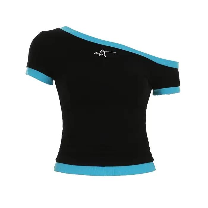 T-shirt asymétrique à manches courtes pour femmes, couleur contrastée, broderie, Slim, mode coréenne