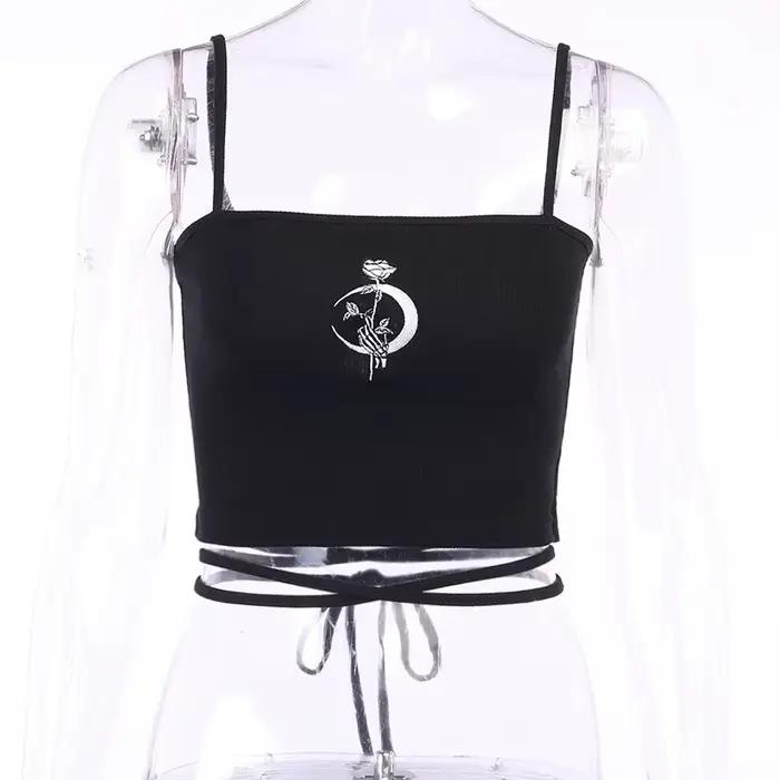 Haut court gothique imprimé à bretelles, sans manches, col carré, Slim, Sexy, col licou, chemise à b