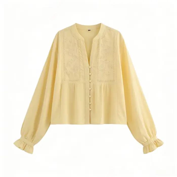 Chemisier brodé jaune HH pour femme, manches longues, col en V, boutonnage frontal, haut à volants, 