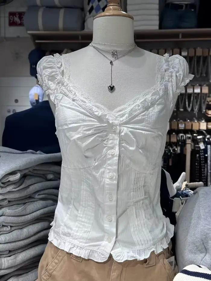 Chemisier basique blanc à volants pour femme, haut d'été, plis, simple boutonnage, fibre précieuse, 