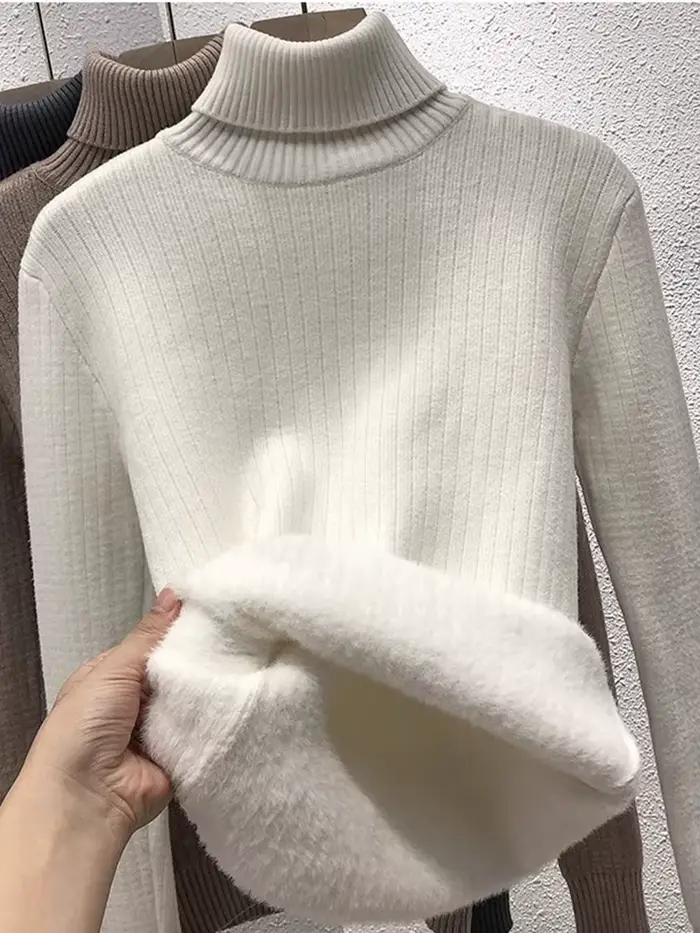 Épaissir pull à col roulé pour hiver femmes décontracté mince en peluche doublé chaud tricot pull no