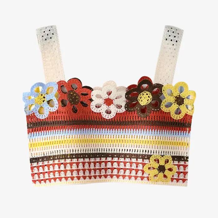 Débardeur en Crochet brodé de fleurs, ajouré, tricot ouvert, haut caraco pour femmes, tenue d'été Fa