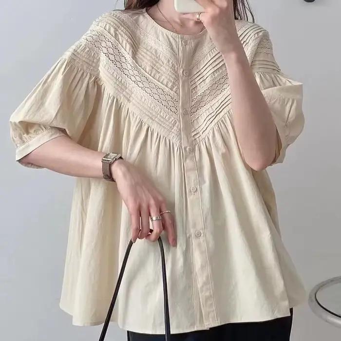 Chemisier brodé blanc vintage de style japonais pour femmes, chemise Boho, col rond, coton, lin, gra