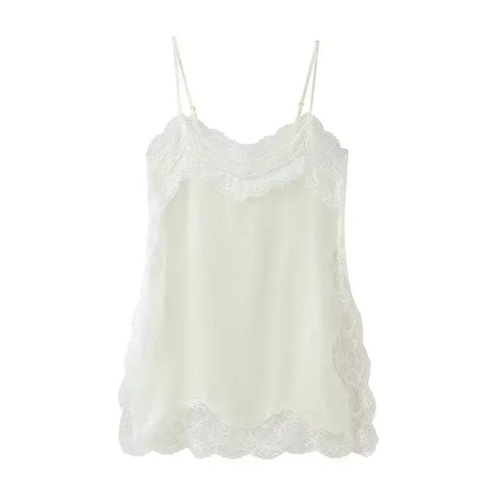 Hirigin femmes dentelle garniture Satin haut bas hauts soie Spaghetti sangle côté fendu asymétrique 