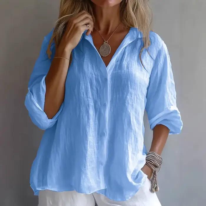 Chemisier décontracté en lin pour femme, col polo ample, manches retroussables, poche, couleur unie,
