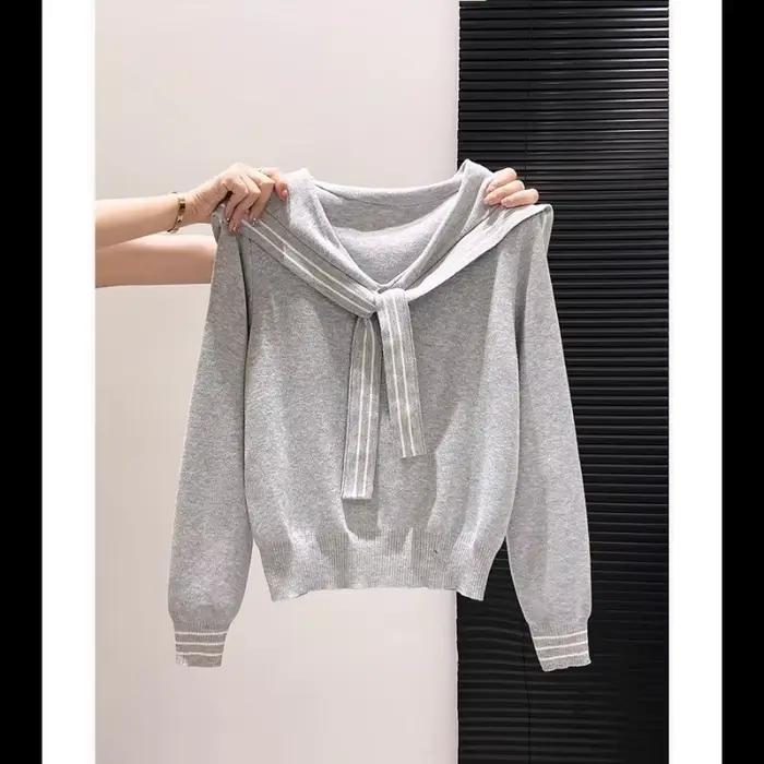 Pull tricoté épissé à col bleu marine pour femme, haut à manches longues, Design polyvalent, à la mo