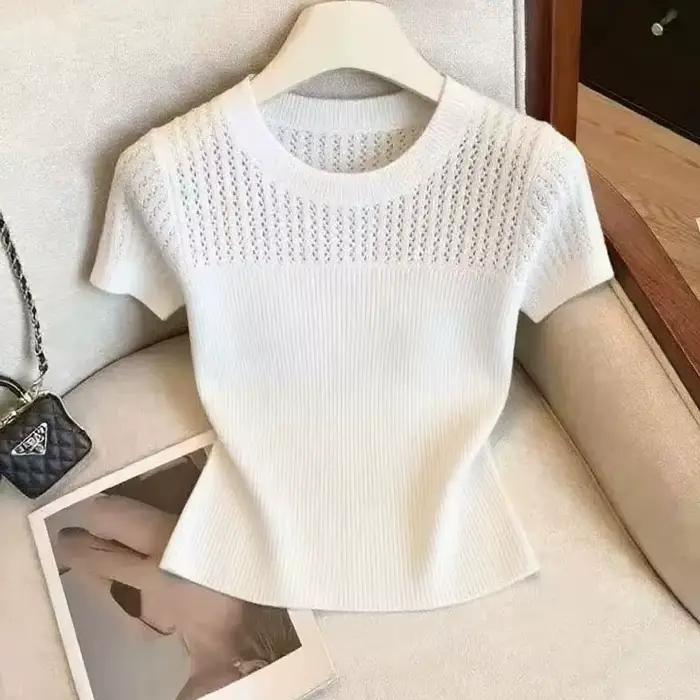 Pull en tricot pour femme, nouveau modèle d'été, col rond, ajouré, manches courtes, Q5129