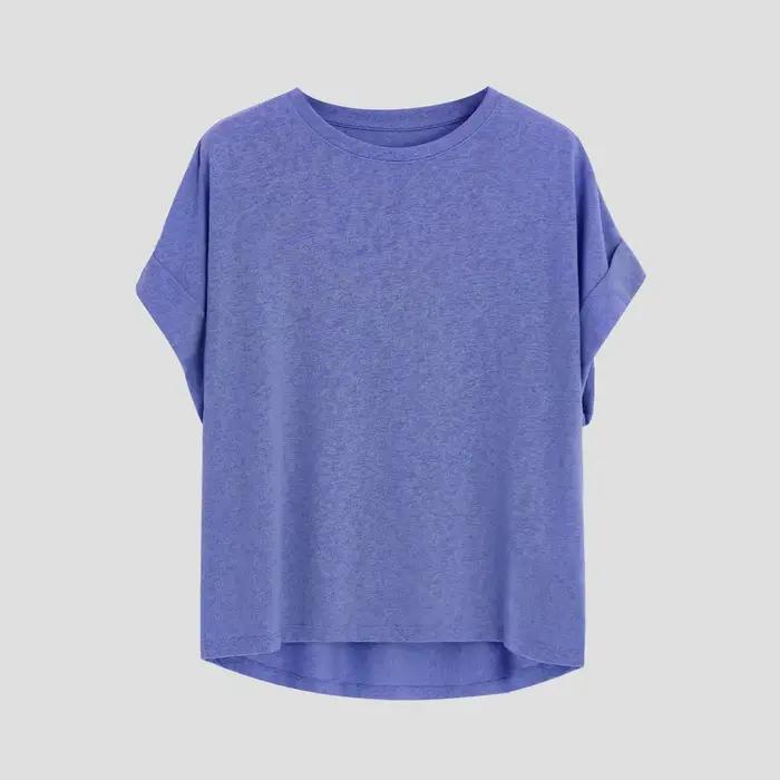 T-shirt femme à manches courtes en coton et lin, col rond, coupe oversize, style dolman, uni, printe