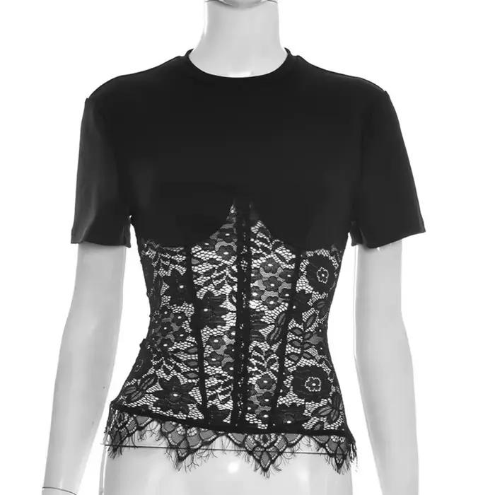 Haut en dentelle à motifs patchwork, tissu transparent, haut transparent à manches courtes, style co