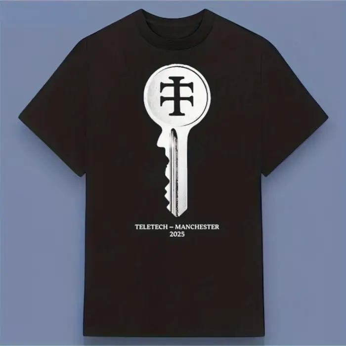 Chemise décontractée à manches courtes et col rond noire et blanche avec logo de la marque TELETECH,