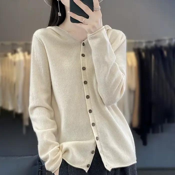 Cardigan à Capuche en Laine Mérinos pour Femme, Pull, Manteau, Mode Coréenne, Solide, Top Document, 