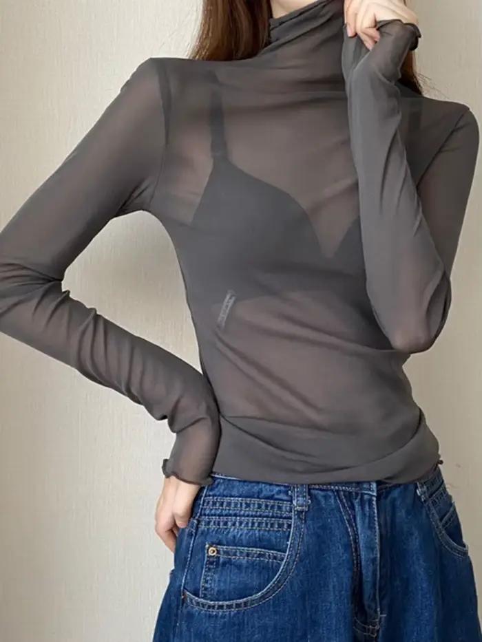 Printemps été femmes à manches longues Sexy noir haut en maille Blouses Transparent Punk Clubwear ch