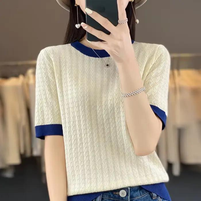 T-shirt à manches courtes et col rond pour femme, haut tout assressenti, torsades assorties, documen