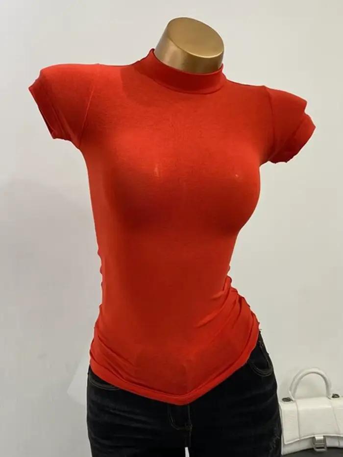 T-shirt col mi-haut coréen Transparent à manches courtes coupe ajustée élastique solide chemise à fo