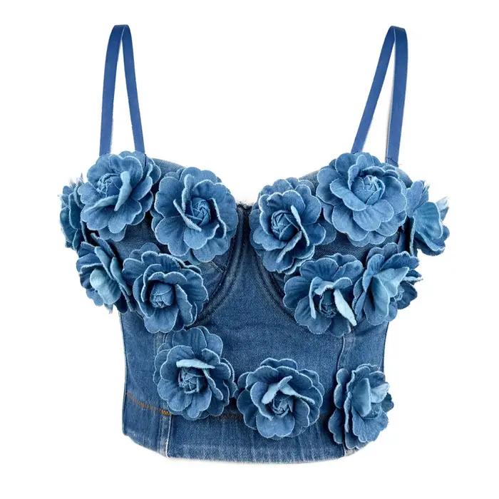 Débardeur en Denim pour femmes, soutien-gorge Cowboy Sexy, gilet court, Corset fleur, sans manches, 