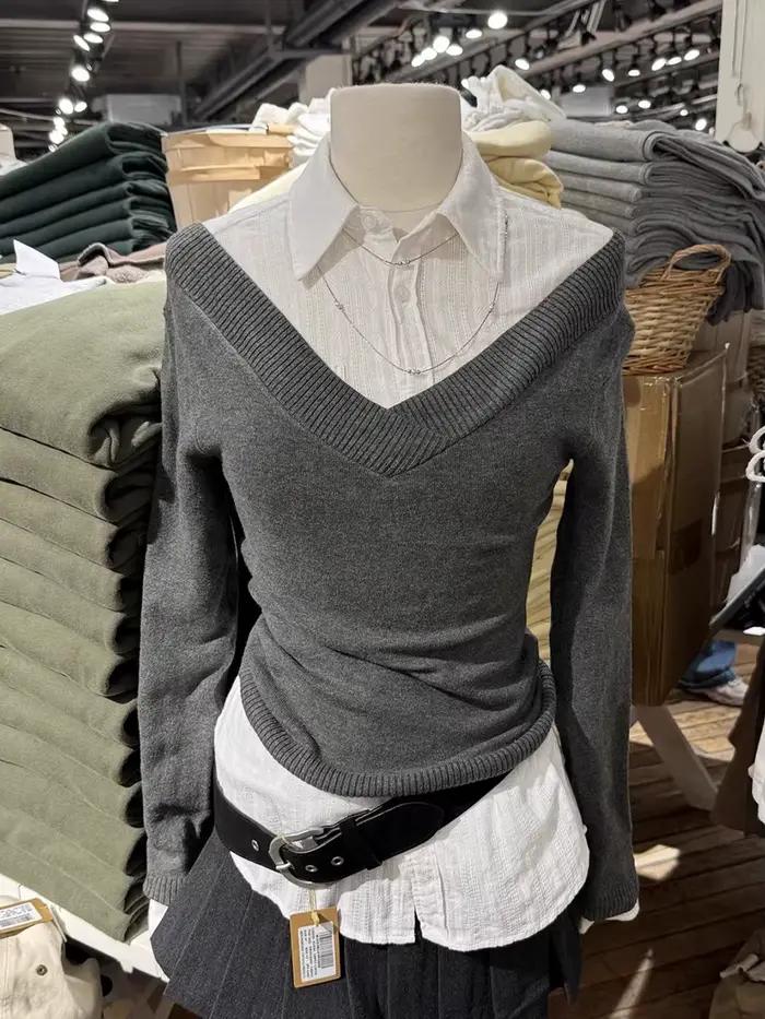Gris Double col en v pull femme printemps à manches longues coton mince tricots femme décontracté Vi