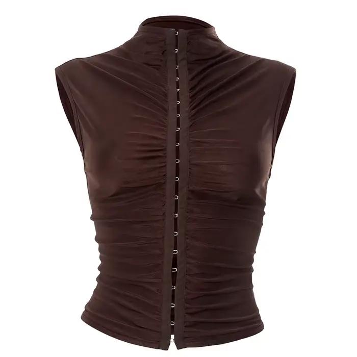 Crop top tendance pour femme, Nouveauté 2026, sexy, ajusté, col semi-montant, sans manches, froncé, 