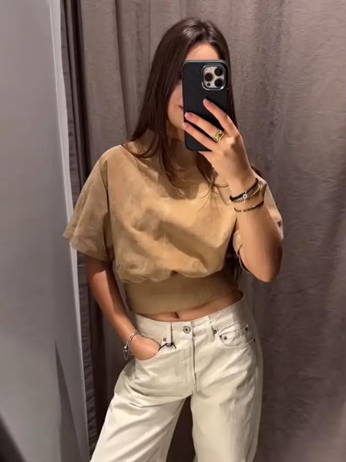 Haut court en suède à col semi-montant pour femme, manches courtes, cintré à la taille, décontracté,