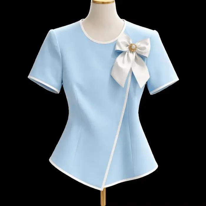 Chemisier chic asymétrique à manches courtes et col rond pour femme, élégant, coupe ajustée, avec nœ