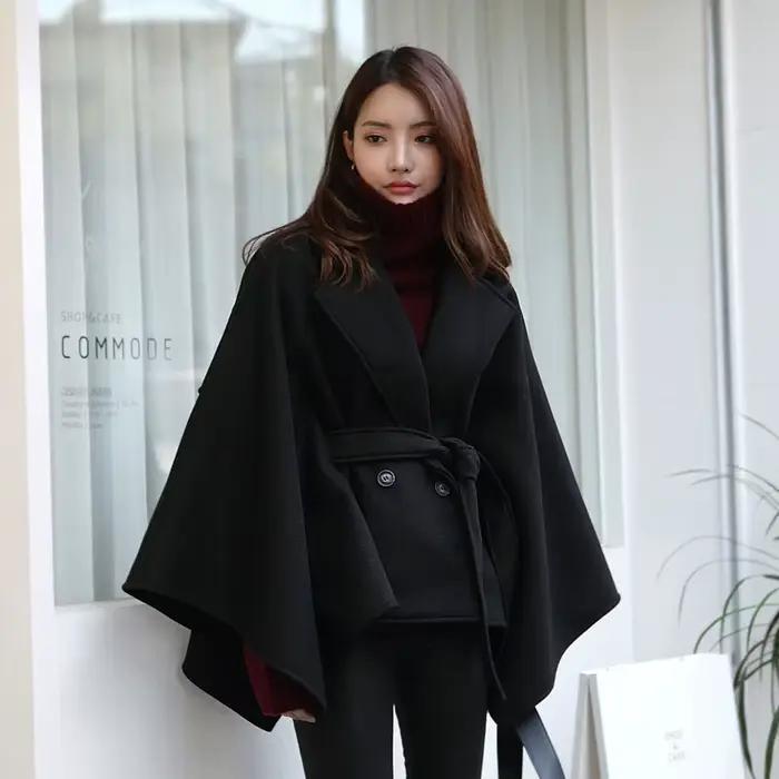 Pardessus long à col en V avec ceinture pour femme, châle épais en fausse laine douce, cape poncho c
