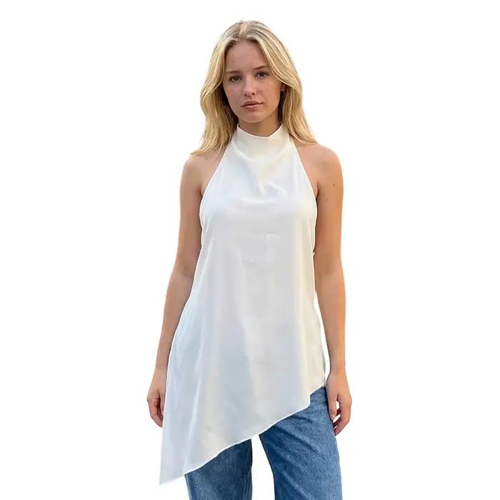 Hauts amples pour femmes, sans manches, col montant, couleur unie, ourlet asymétrique, chemisier déc