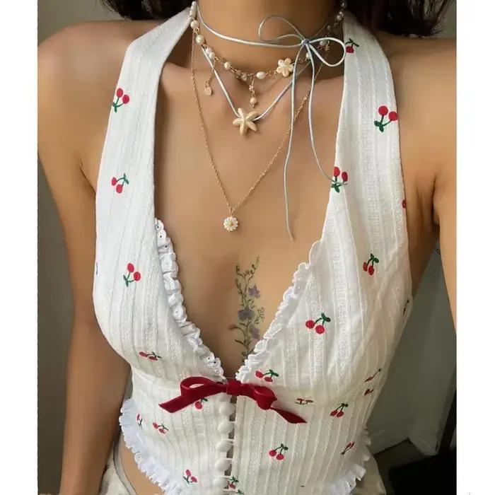 Chemisier mignon à nœud papillon à motif floral cerise avec un cardigan sexy à col en V, un col halt