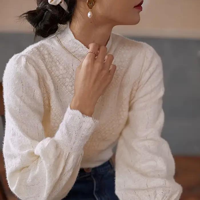 Chemisiers vintage pour femmes, col montant, style français, élégant, tout match, loisirs, populaire