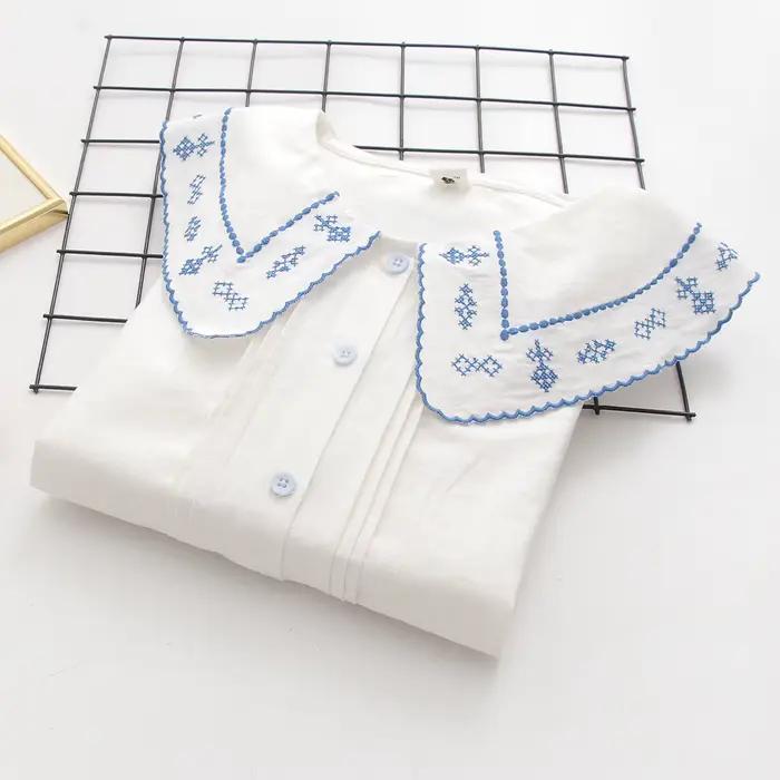 Chemises brodées de fleurs en coton pour femmes, hauts à col à revers, manches longues, chemisiers a