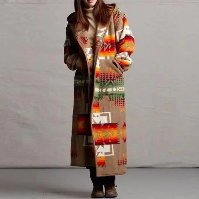 Femmes Mode Ethnique Style Boho Imprimé À Capuche Long Manteau adt Outwear Match Couleurs Plus La Ta
