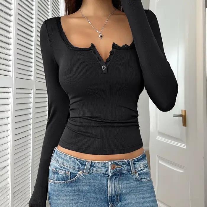 2025 nouveau T-shirt femme blanc mode décontracté fil tricoté dentelle bouton col en v Base rose hau