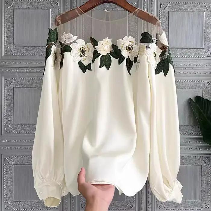 Chemisier brodé à fleurs, chemise à manches longues pour femme, hauts d'automne en maille douce, col
