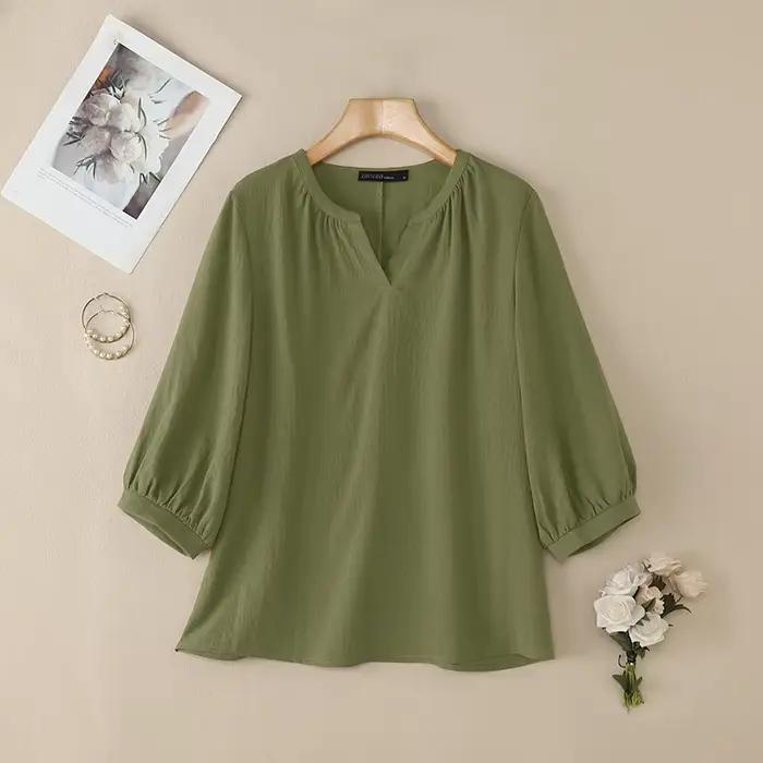 ZANZEA mode femmes 3/4 manches Blouse automne col en V Chemise solide printemps bureau Blouses décon