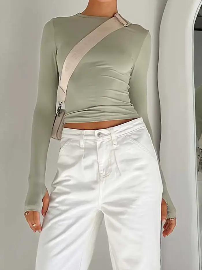 T-shirt basique pour femme avec trous pour les pouces, manches longues, col rond, monochromatique, c