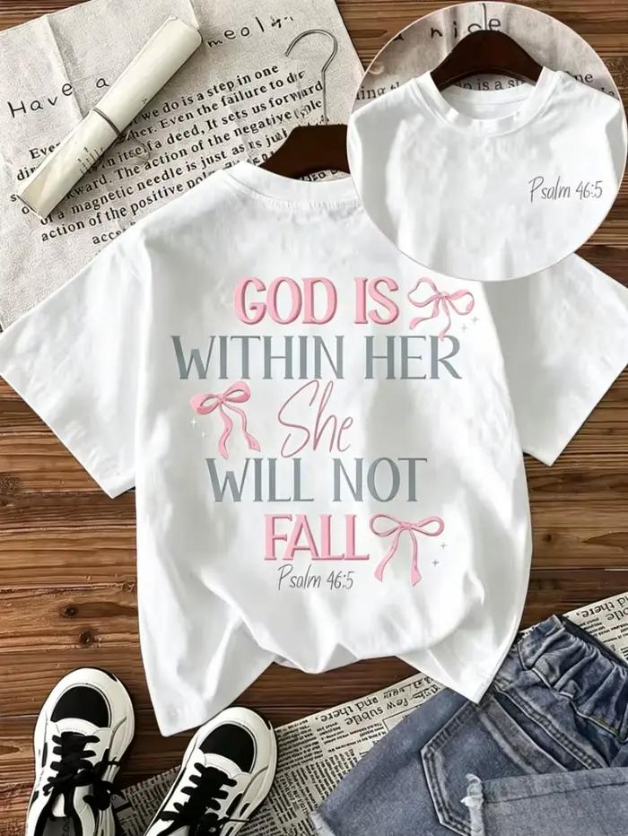 T-shirt imprimé « Dieu est en elle, elle ne tombera pas » Psaume 46:5, design avant et arrière, haut