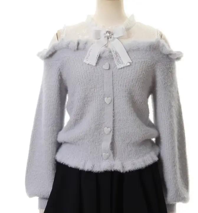 Liz pull japonais Production de masse automne et hiver laine épaules dénudées dentelle mince pull co