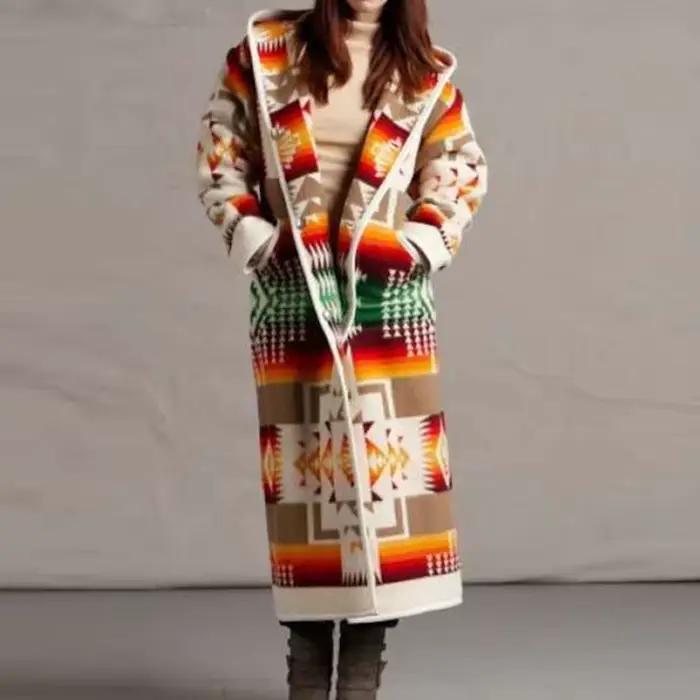Femmes Mode Ethnique Style Boho Imprimé À Capuche Long Manteau adt Outwear Match Couleurs Plus La Ta