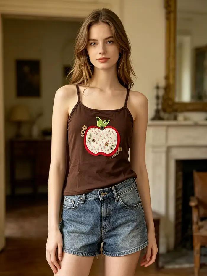 Débardeur Cami Marron Femme Tendance Y2K Vintage Décontracté avec Bretelles Fines Ajustables, Patchw