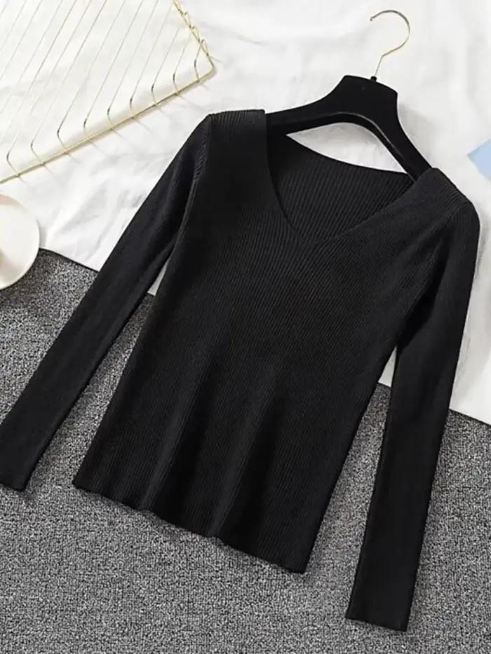 Nouveau Pull Femme 2026 Automne Hiver à Manches Longues, Col V, Élastique, Tricoté Uni, Style Basiqu