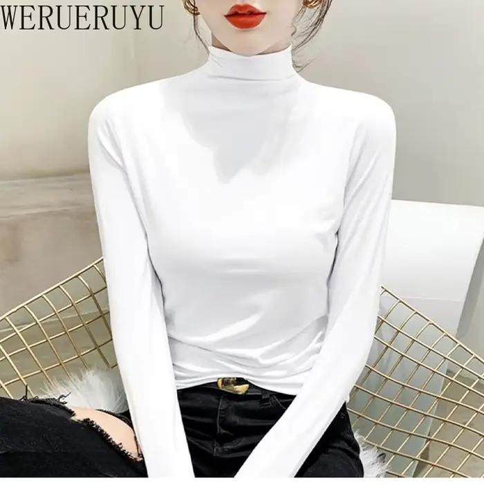 T-shirt noir à col roulé et manches longues pour femme, vêtement Y2k, mode coréenne, Modal, élégant,
