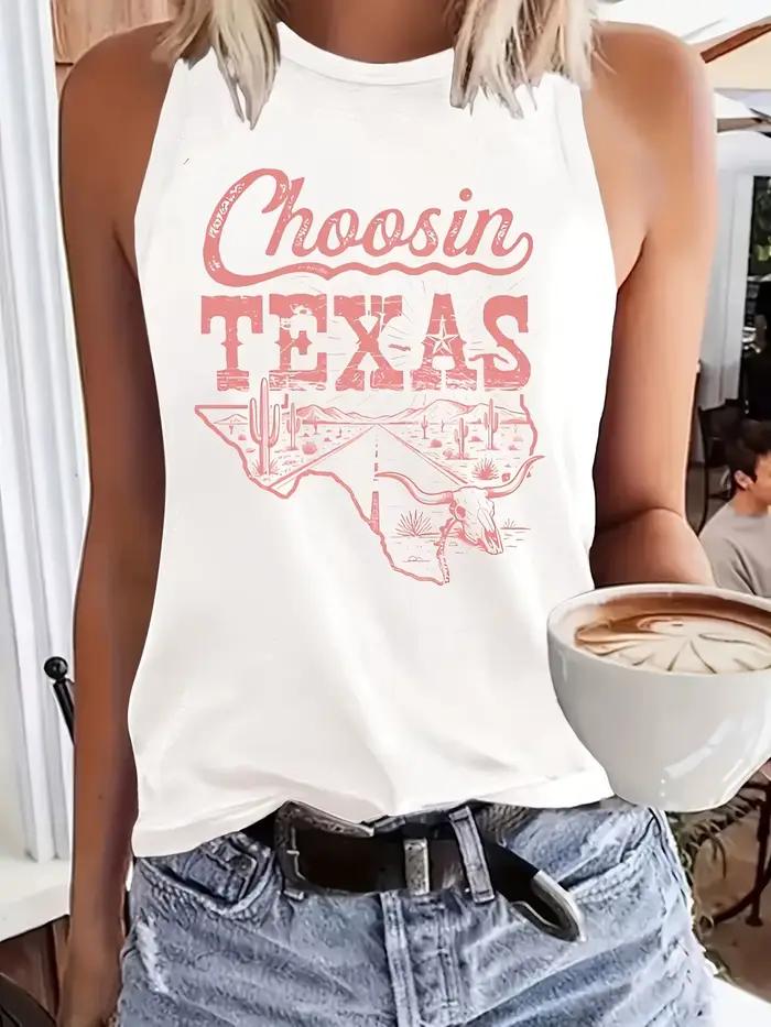 Débardeur rétro pour femmes avec imprimé de carte du Texas et de crâne de bison, style country weste