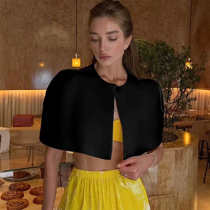 Tops courts chics pour femmes avec épaulettes, col roulé, manches courtes, t-shirts féminins, vêteme