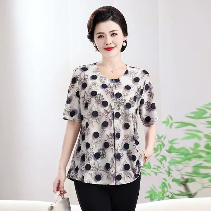 Hauts d'été imprimés floraux pour femmes matures, chemisier polyvalent en lin et coton de tons beige