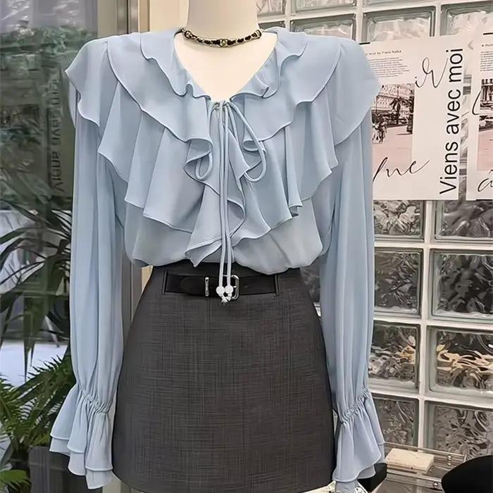 Chemisier en mousseline De soie femmes vêtements 2025 Camisas De Mujer manches évasées col en v vola