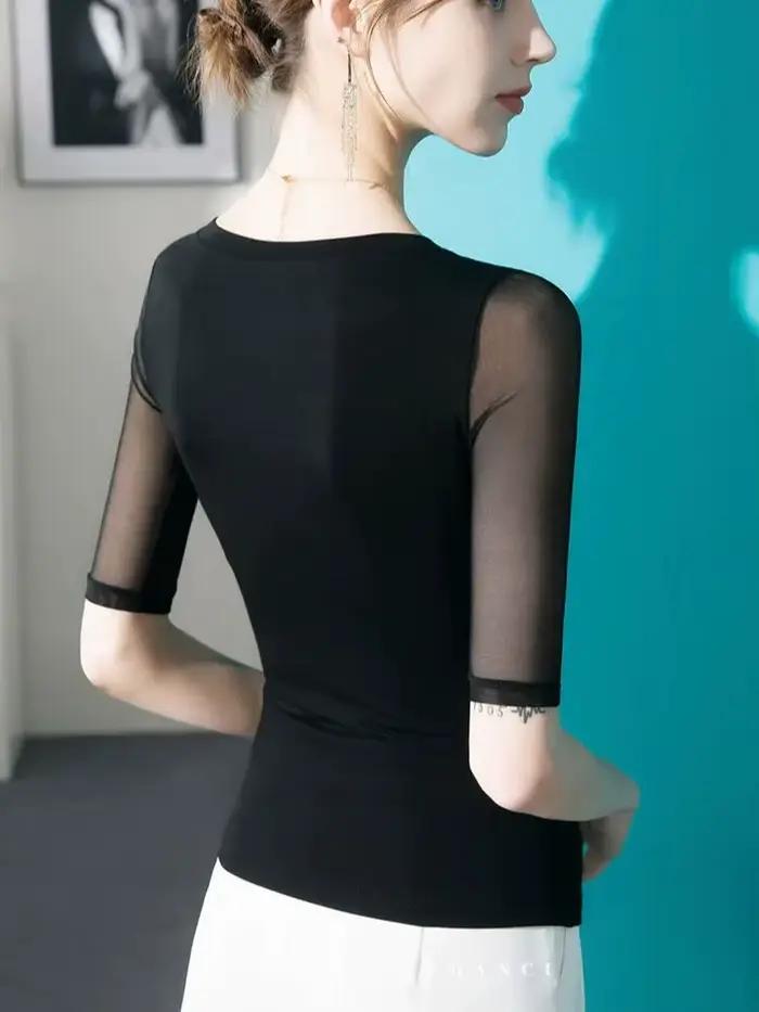 T-shirt manches mi-longues col rond femme, maillot de corps basique, uni, maille patché, plis haute 