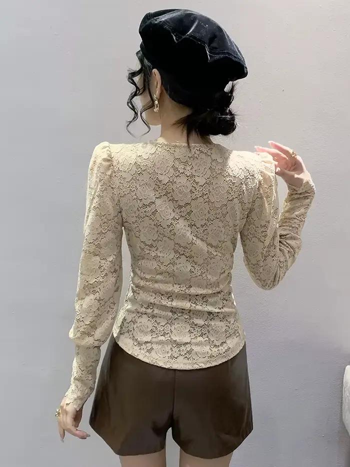 T-shirt à col en V croisé à manches longues pour femmes, simple couche, dentelle évidée, t-shirts mi