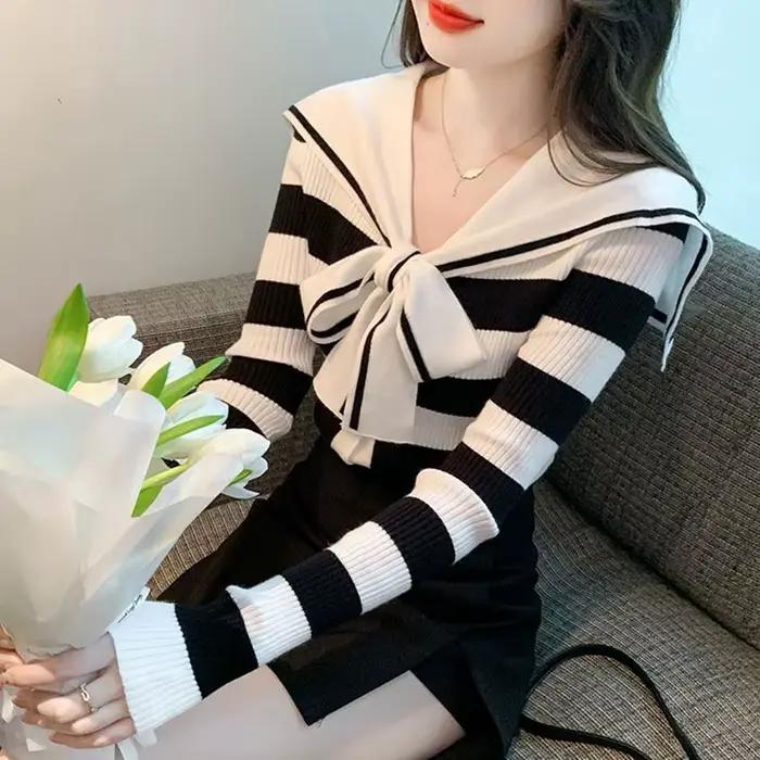 Nouveauté Printemps : Pulls Coréens Rayés à Col Marin, Boutons et Lacets, Tricotés Slim, Hauts Polyv